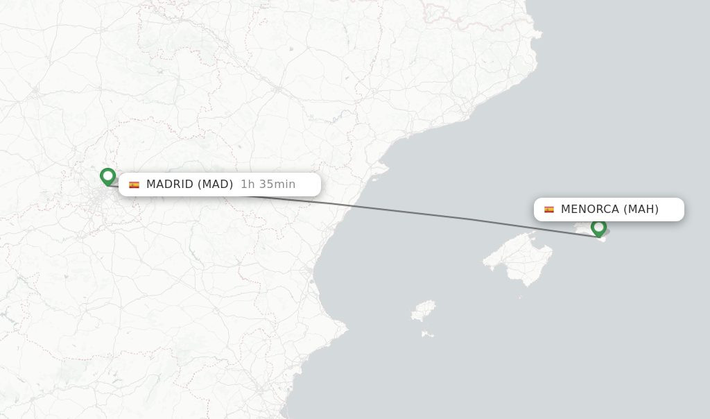 Flights from Menorca to Madrid route map