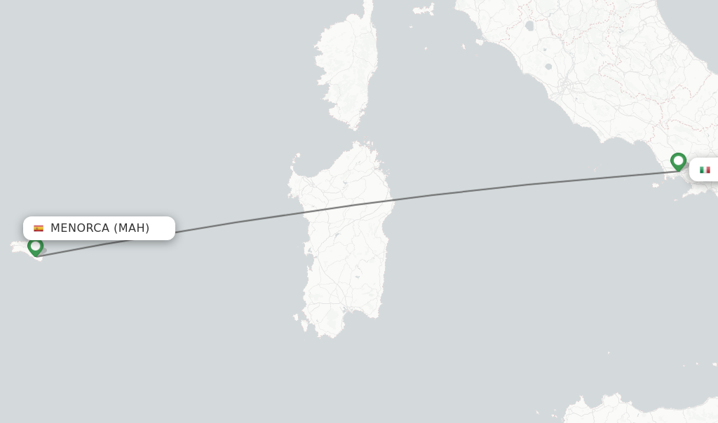 Flights from Menorca to Naples route map