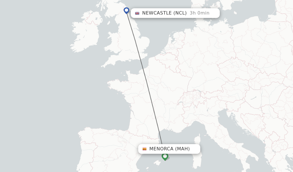 Flights from Menorca to Newcastle route map