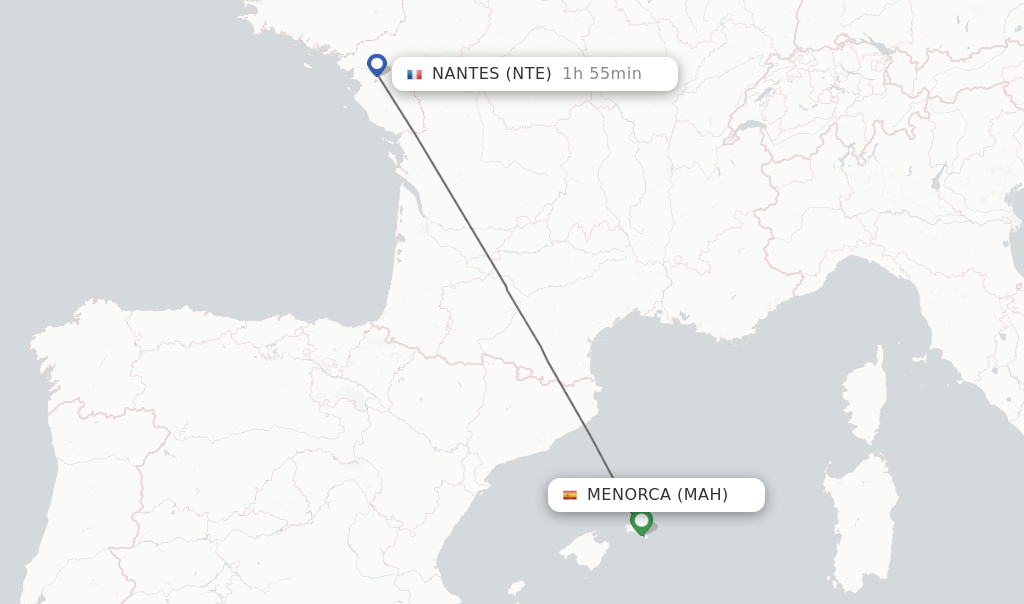 Flights from Menorca to Nantes route map