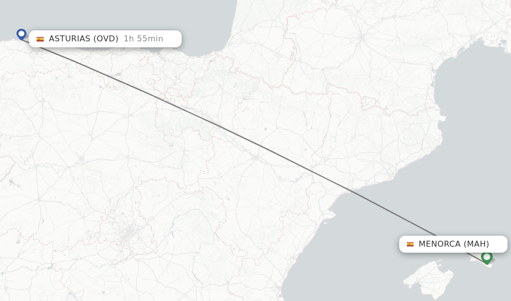 Flights from Menorca to Asturias route map