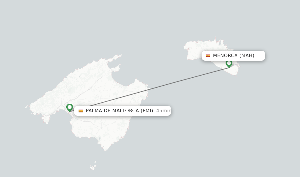 Flights from Menorca to Palma de Mallorca route map