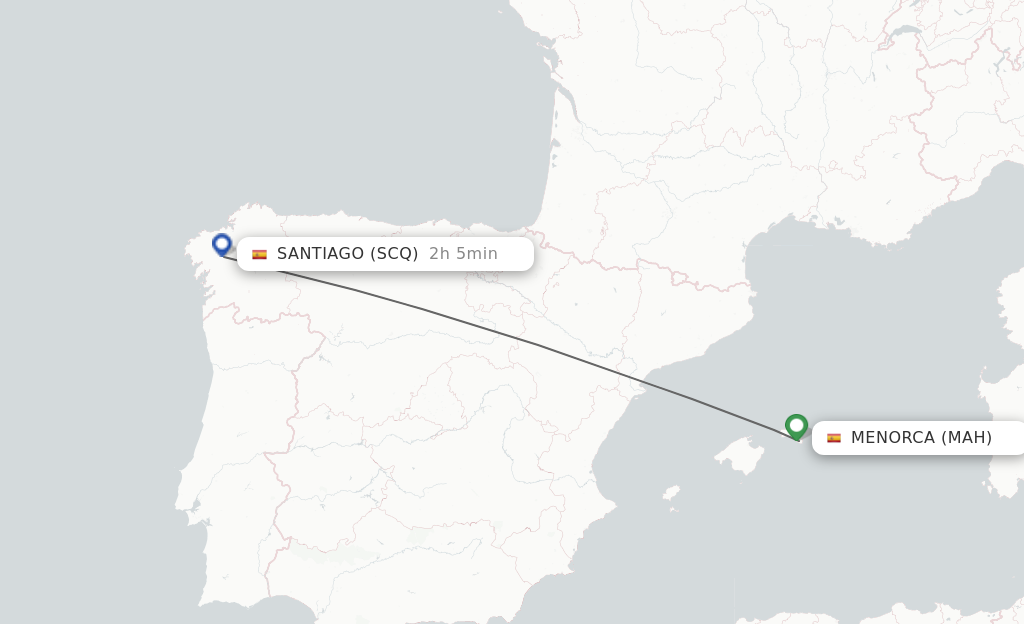 Flights from Menorca to Santiago De Compostela route map