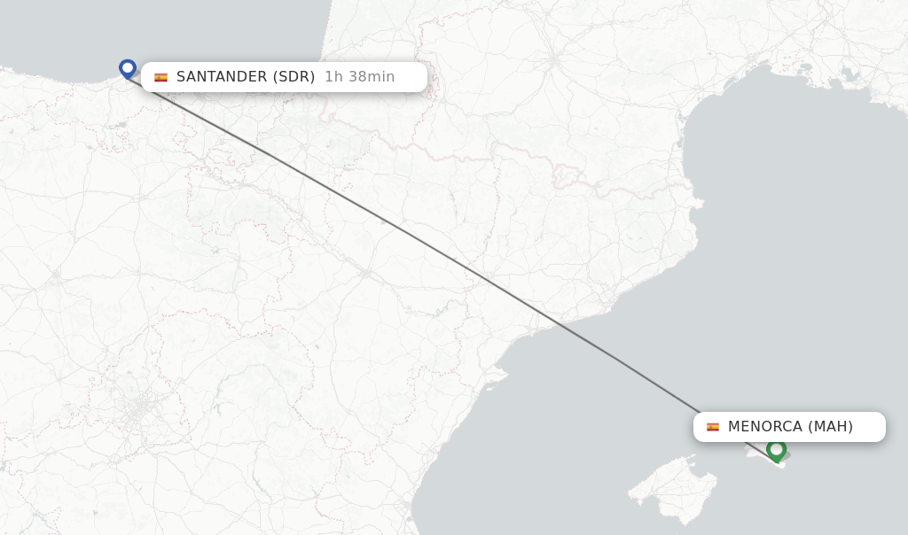 Flights from Menorca to Santander route map
