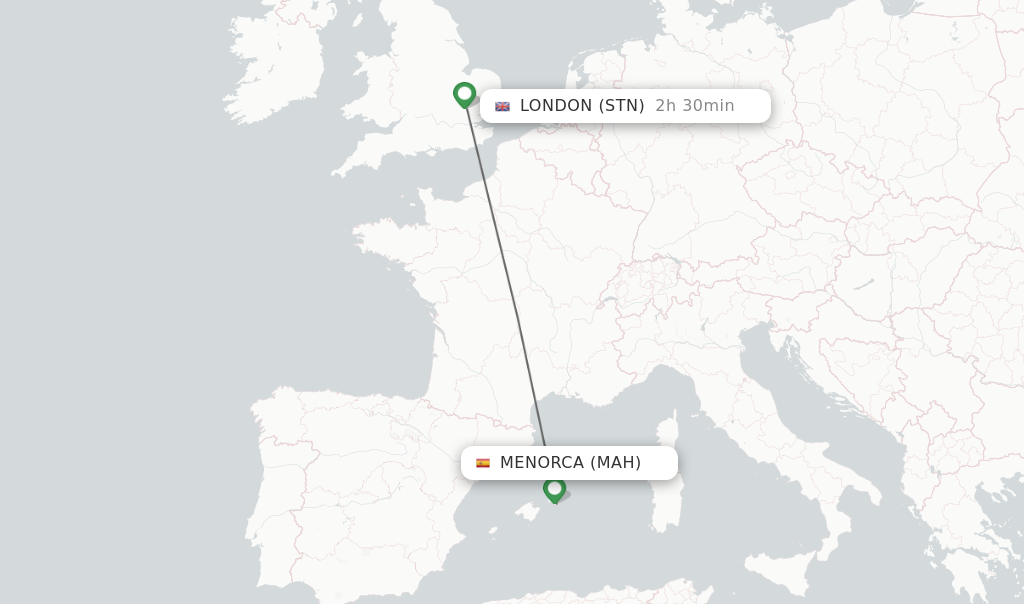 Flights from Menorca to London route map