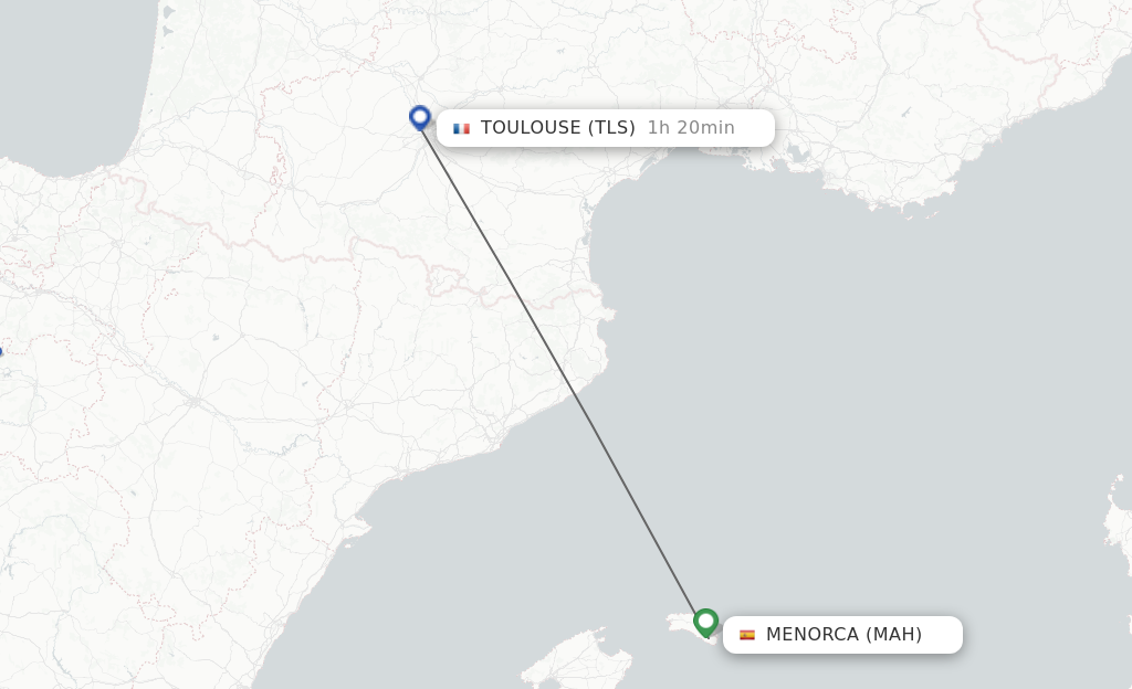 Flights from Menorca to Toulouse route map