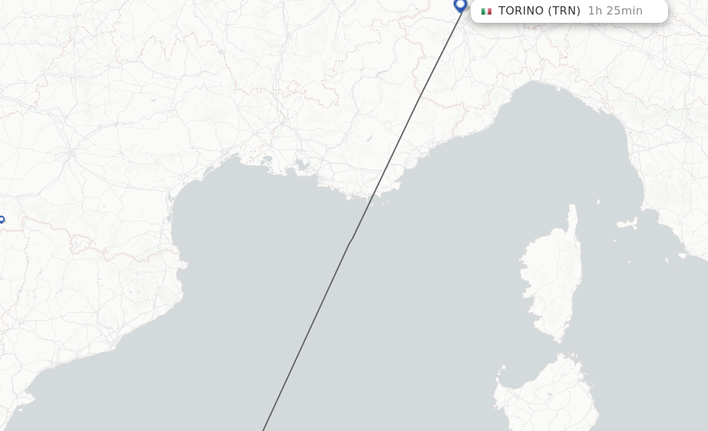 Flights from Menorca to Turin route map
