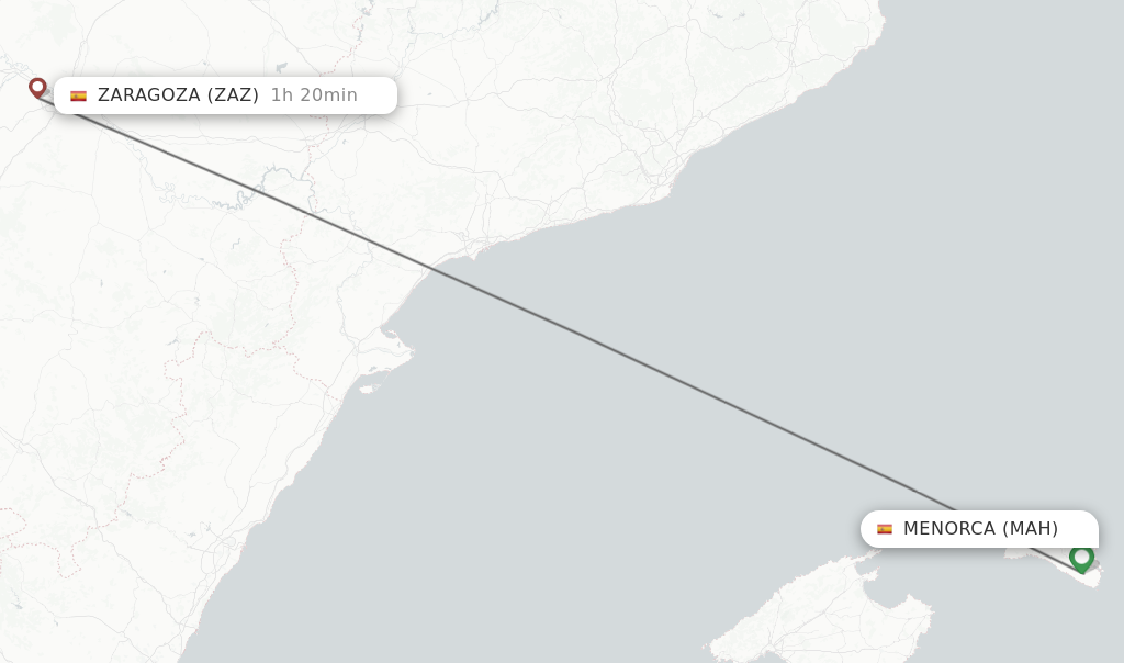 Flights from Menorca to Zaragoza route map