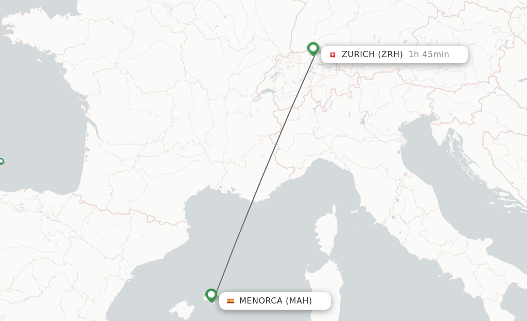 Flights from Menorca to Zurich route map