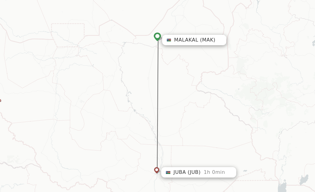 Flights from Malakal to Juba route map