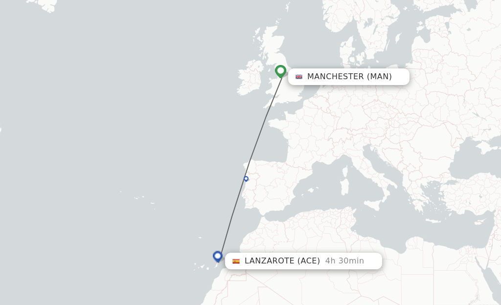 Flights from Manchester to Lanzarote route map
