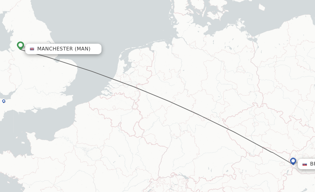 Flights from Manchester to Bratislava route map