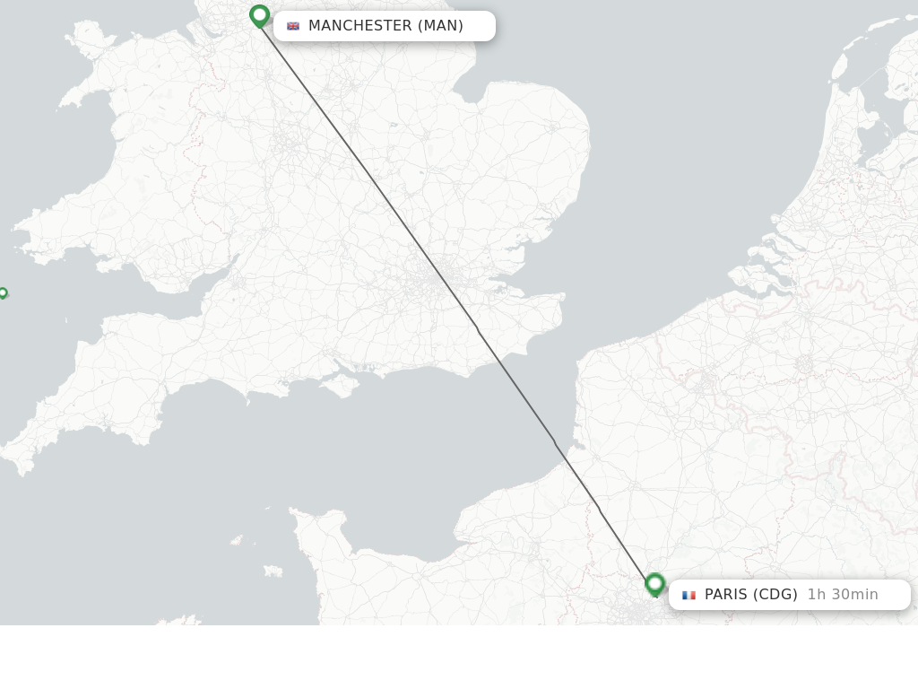 Flights from Manchester to Paris route map