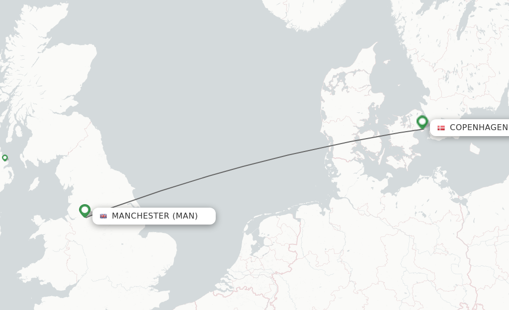 Flights from Manchester to Copenhagen route map