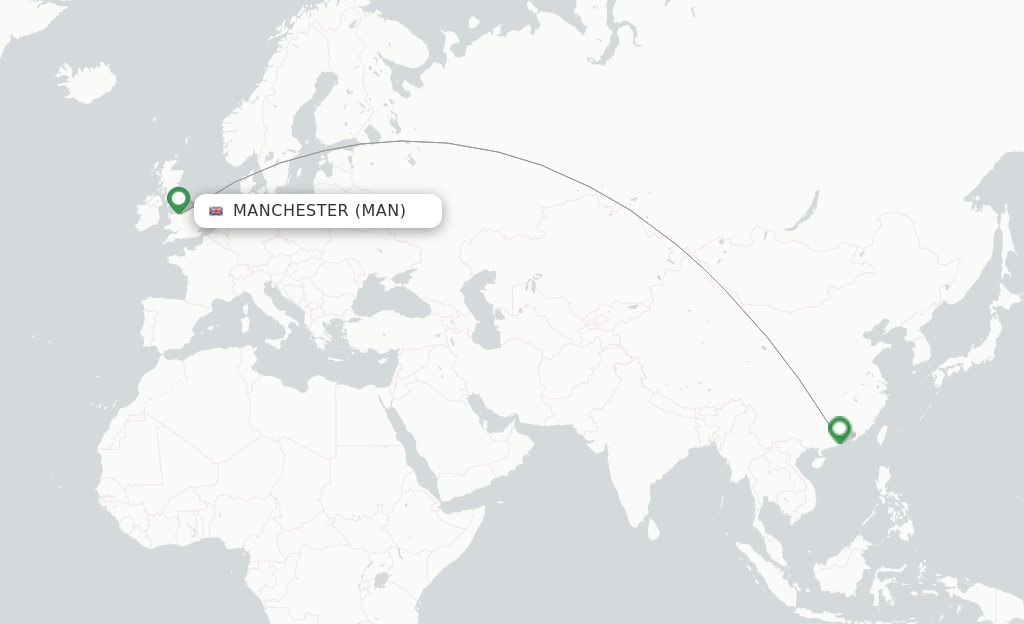 Route map with flights from Manchester with Cathay Pacific