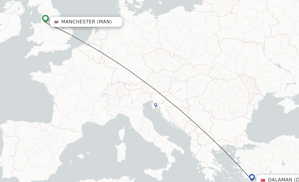 Flights from Manchester to Dalaman route map