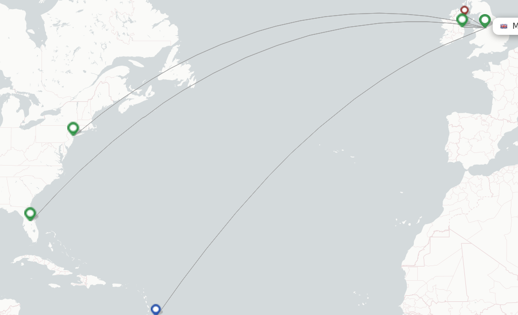 Route map with flights from Manchester with Aer Lingus