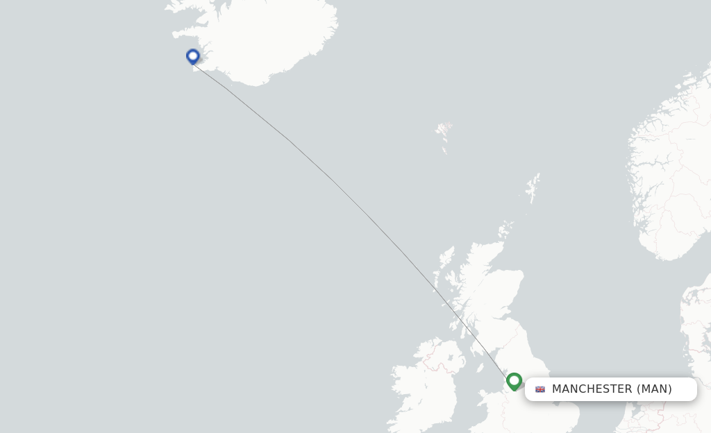 Route map with flights from Manchester with Icelandair