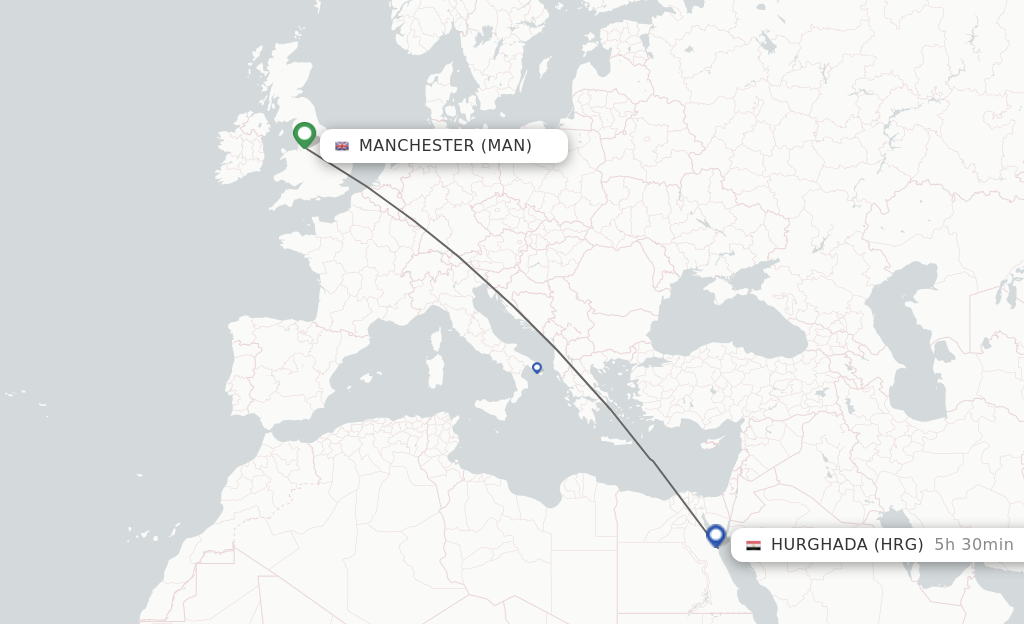 Flights from Manchester to Hurghada route map