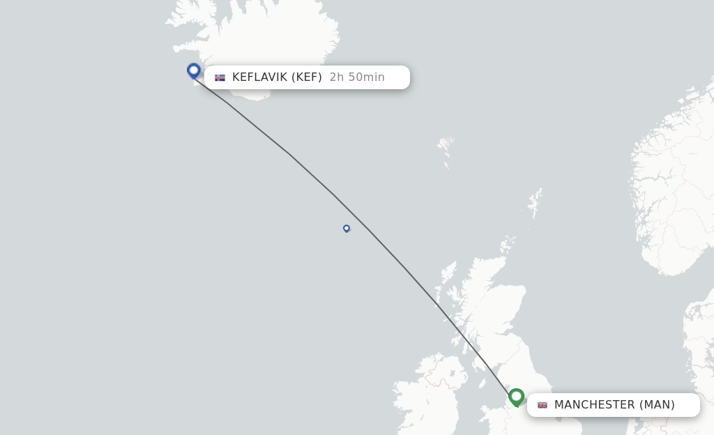 Flights from Manchester to Reykjavik route map