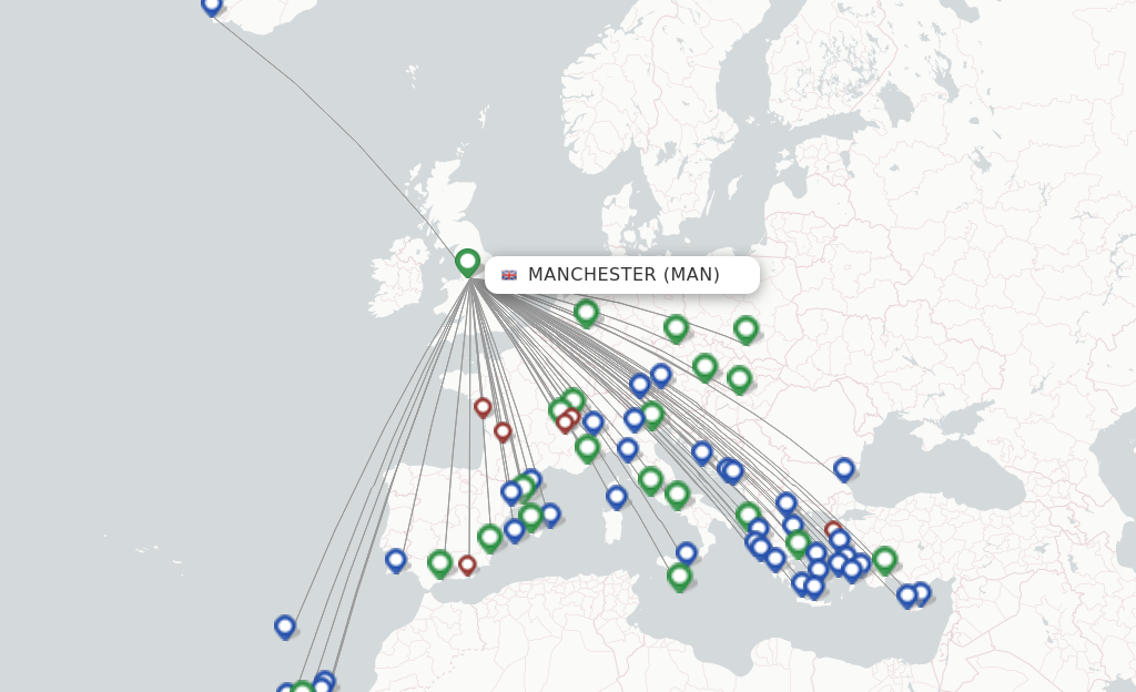 Route map with flights from Manchester with Jet2