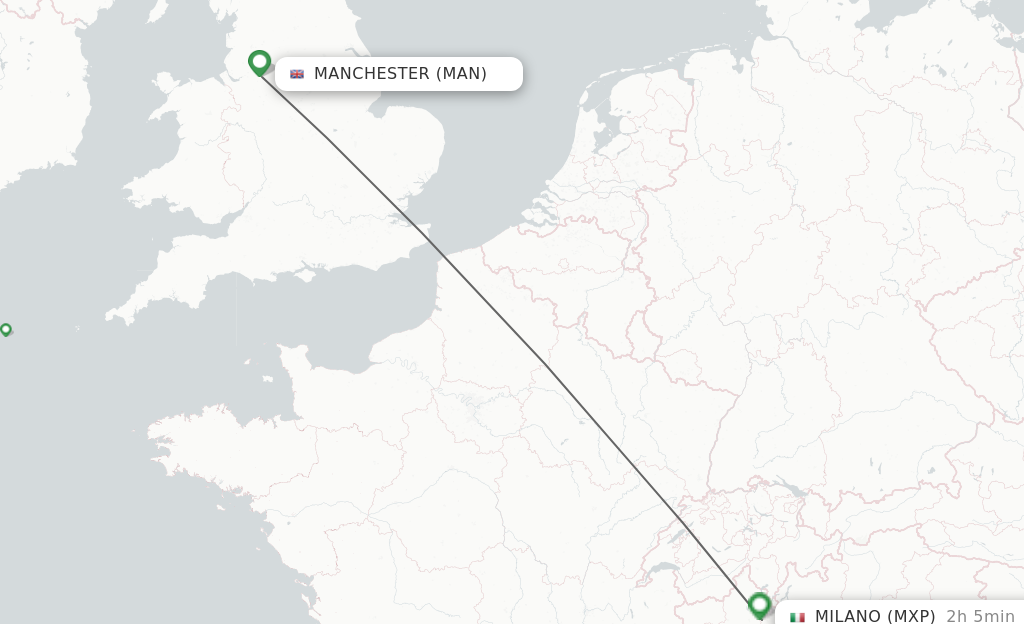 Flights from Manchester to Milano route map
