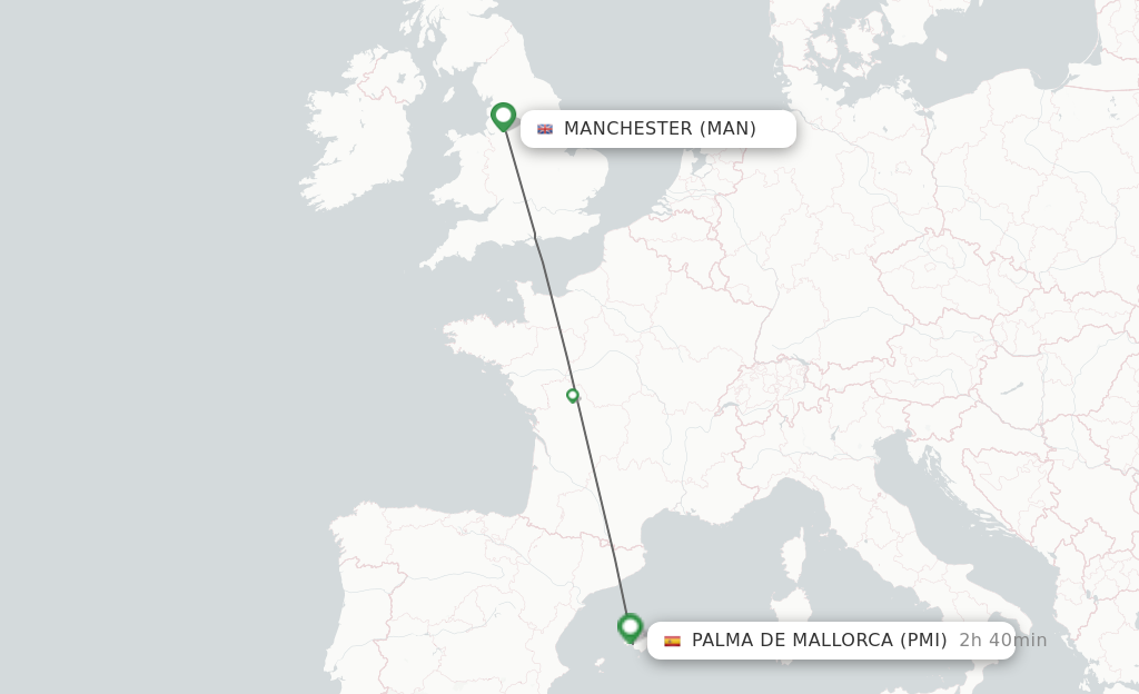 Flights from Manchester to Palma De Mallorca route map