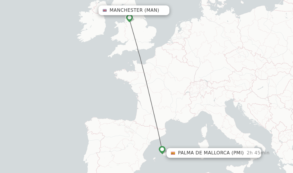 Flights from Manchester to Palma de Mallorca route map