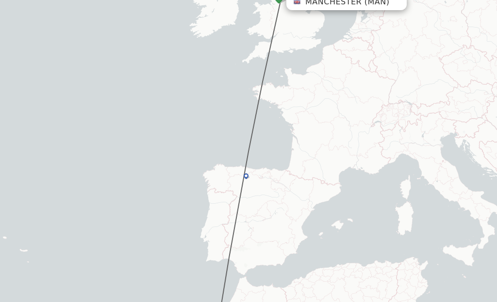 Flights from Manchester to Marrakech route map