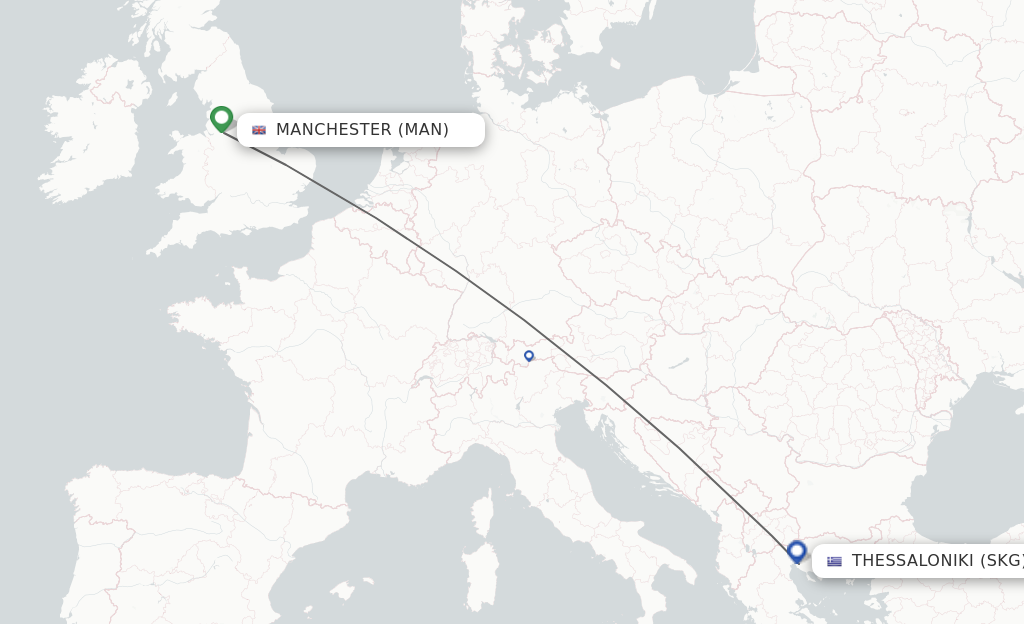 Flights from Manchester to Thessaloniki route map