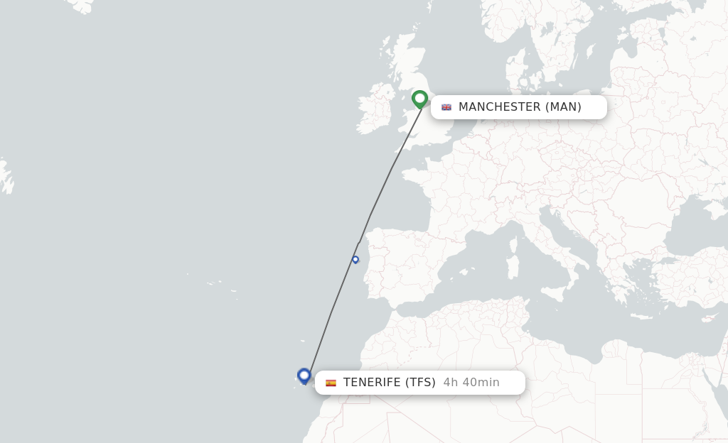 Flights from Manchester to Tenerife route map