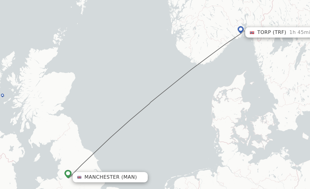 Flights from Manchester to Sandefjord route map