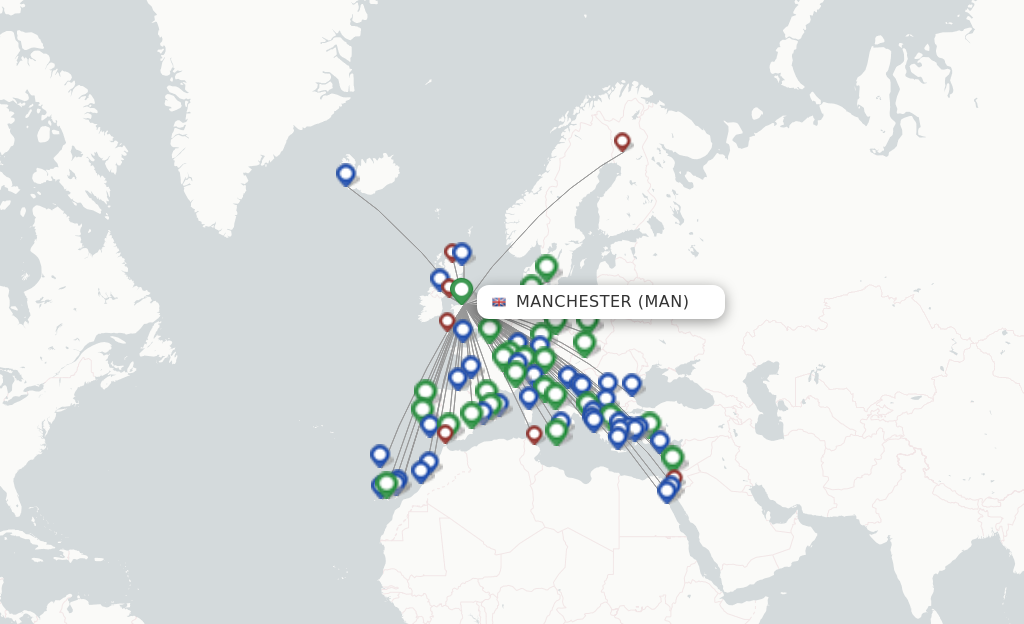 Route map with flights from Manchester with easyJet