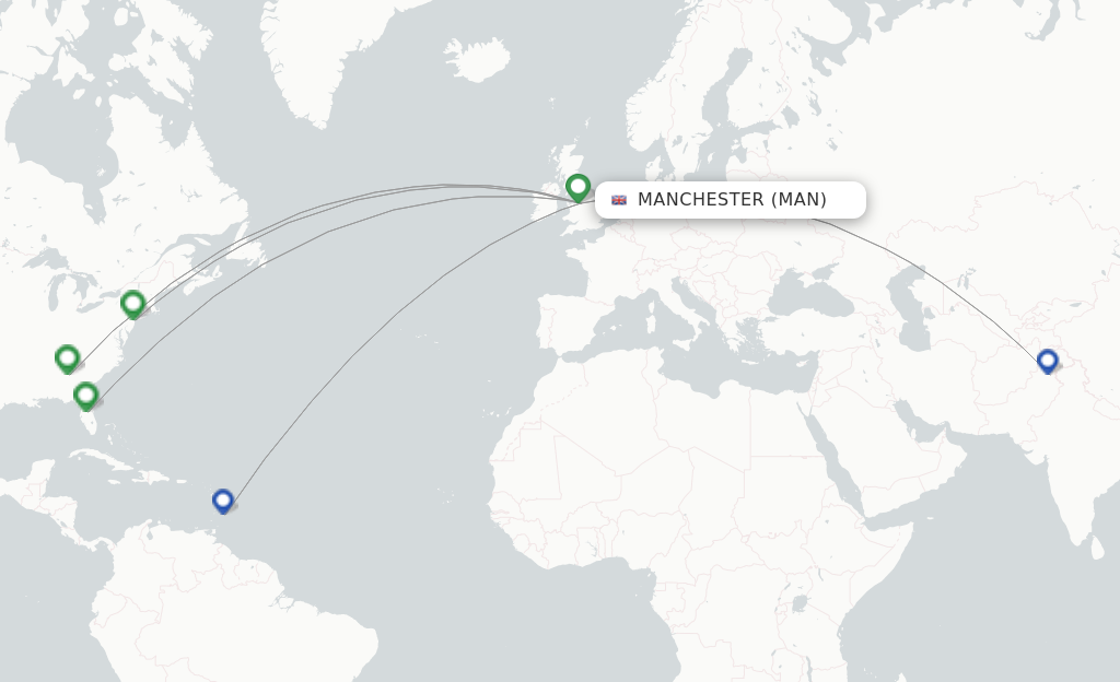 Route map with flights from Manchester with Virgin Atlantic
