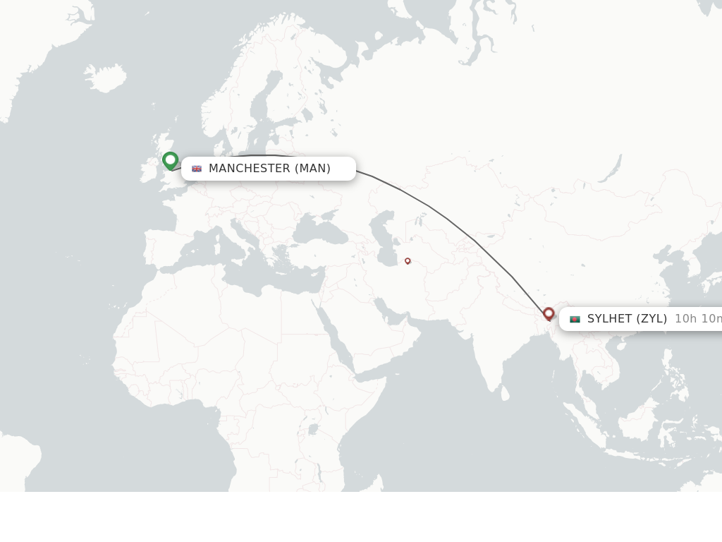 Flights from Manchester to Sylhet route map