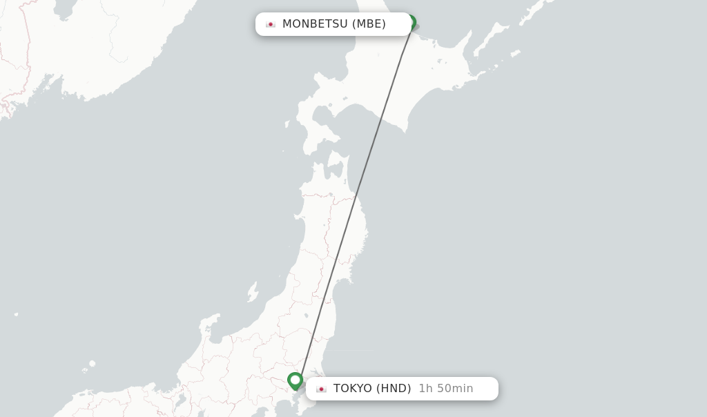 Flights from Monbetsu to Tokyo route map