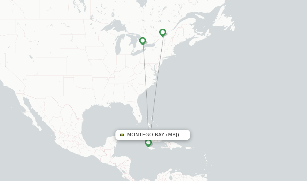 Route map with flights from Montego Bay with Air Canada