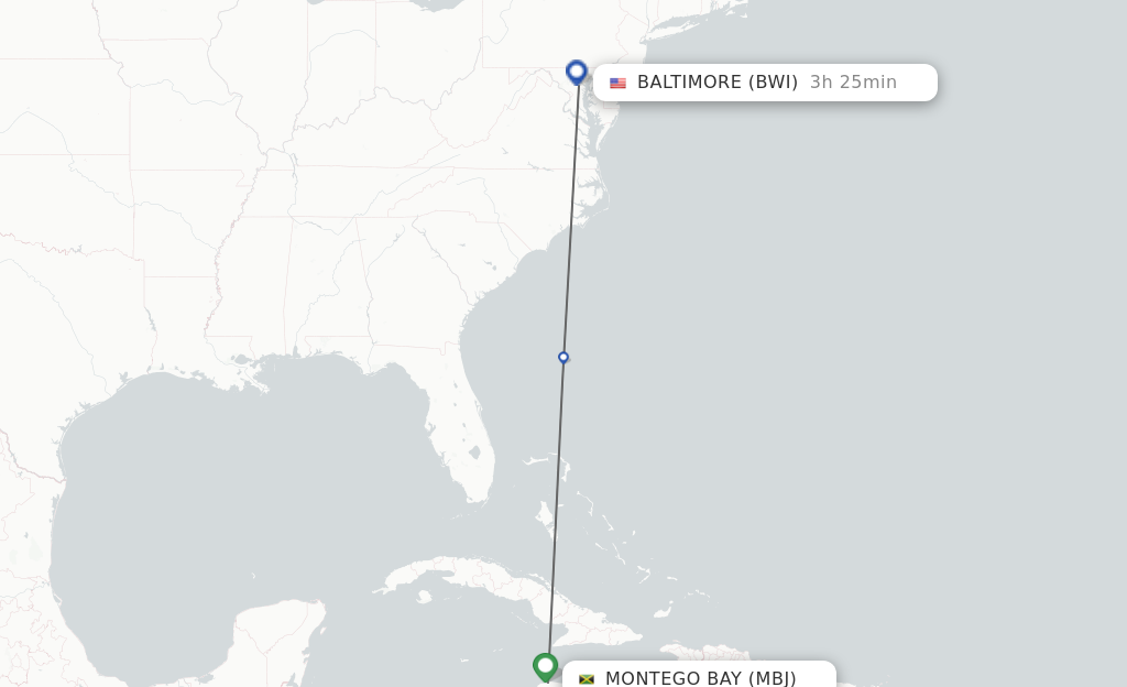 Flights from Montego Bay to Baltimore route map