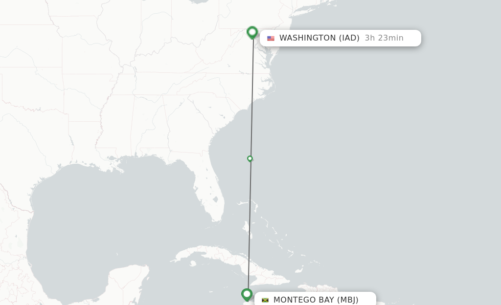 Flights from Montego Bay to Washington route map
