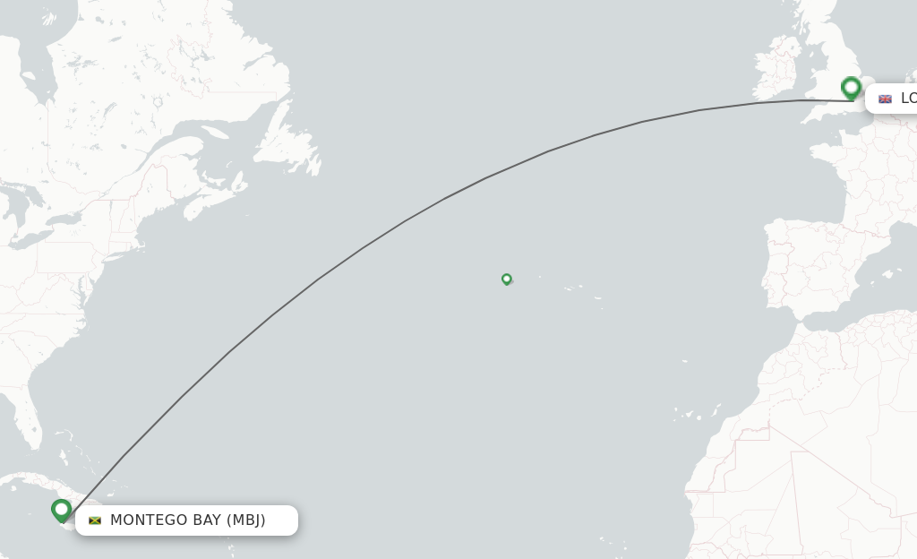 Flights from Montego Bay to London route map