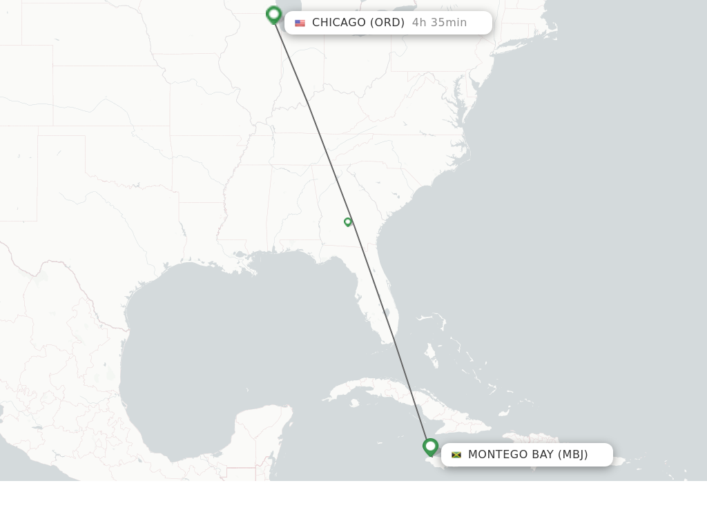 Flights from Montego Bay to Chicago route map