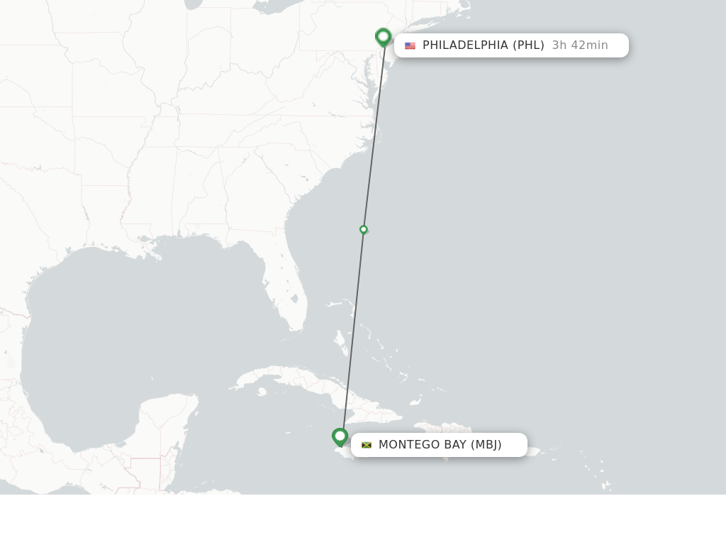 Flights from Montego Bay to Philadelphia route map