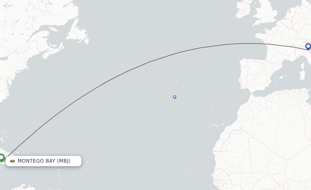 Flights from Montego Bay to Verona route map