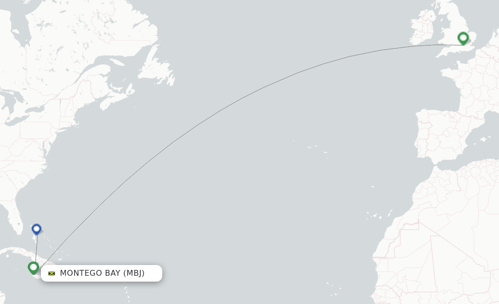 Route map with flights from Montego Bay with Virgin Atlantic