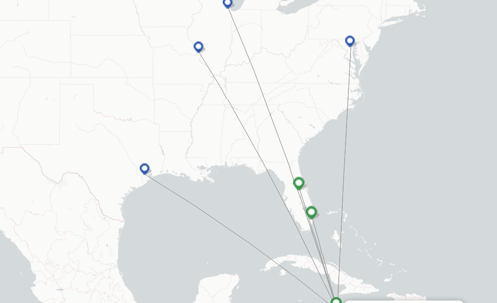 Route map with flights from Montego Bay with Southwest Airlines