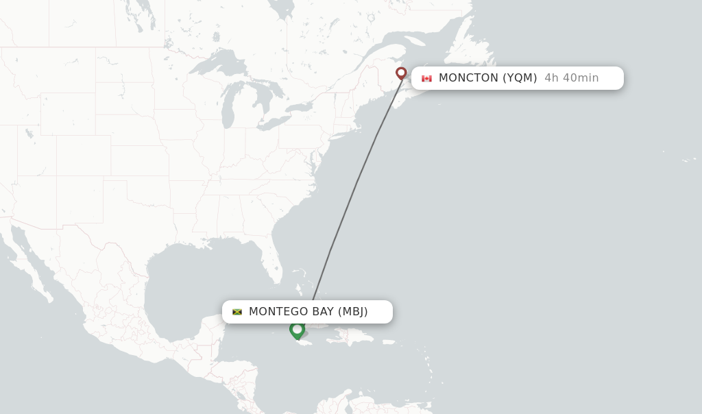 Flights from Montego Bay to Moncton route map