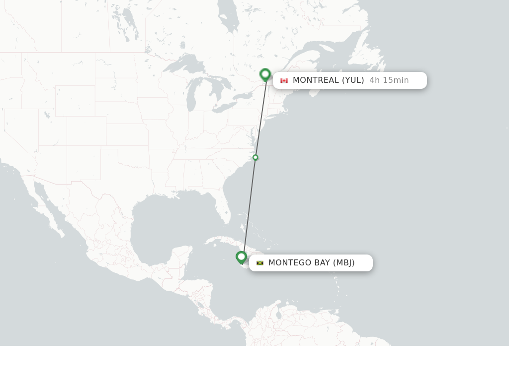 Flights from Montego Bay to Montreal route map