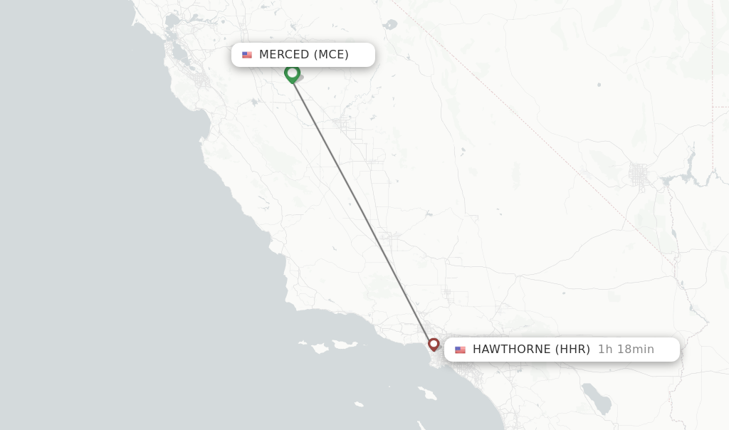 Flights from Merced to Hawthorne route map