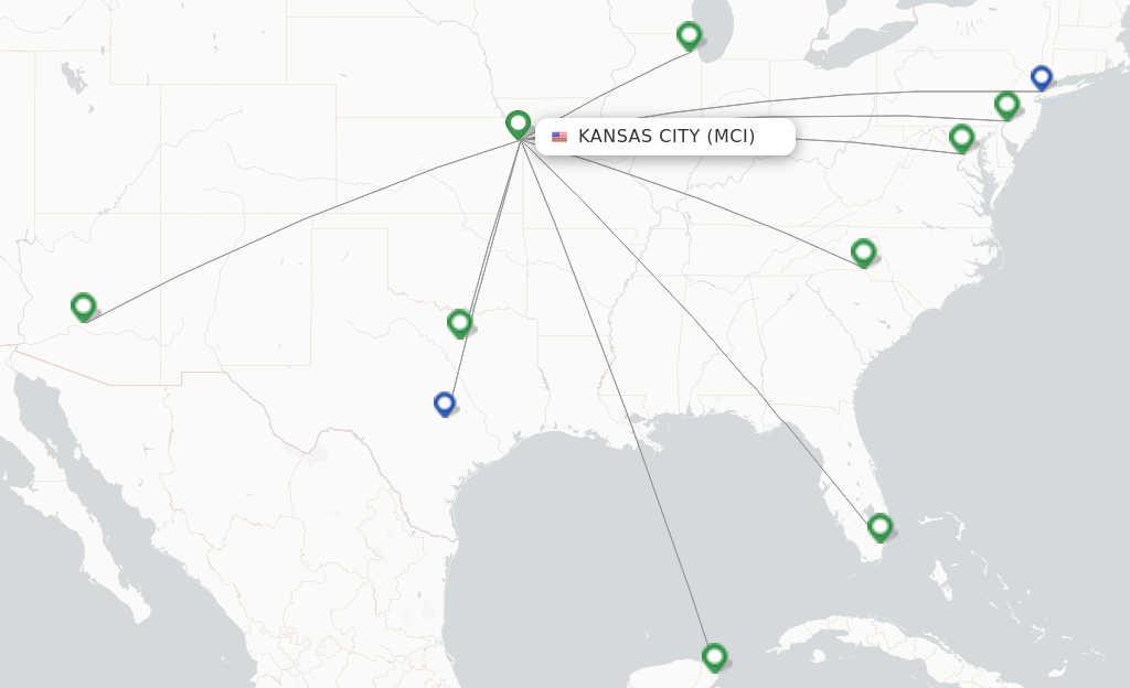 Route map with flights from Kansas City with American Airlines