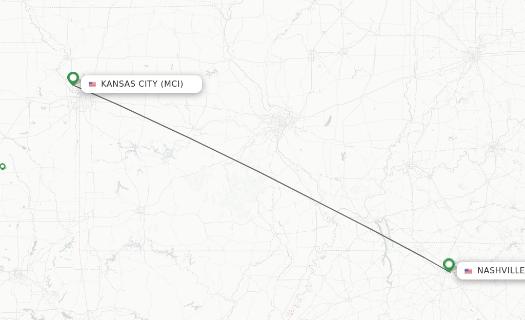 Flights from Kansas City to Nashville route map